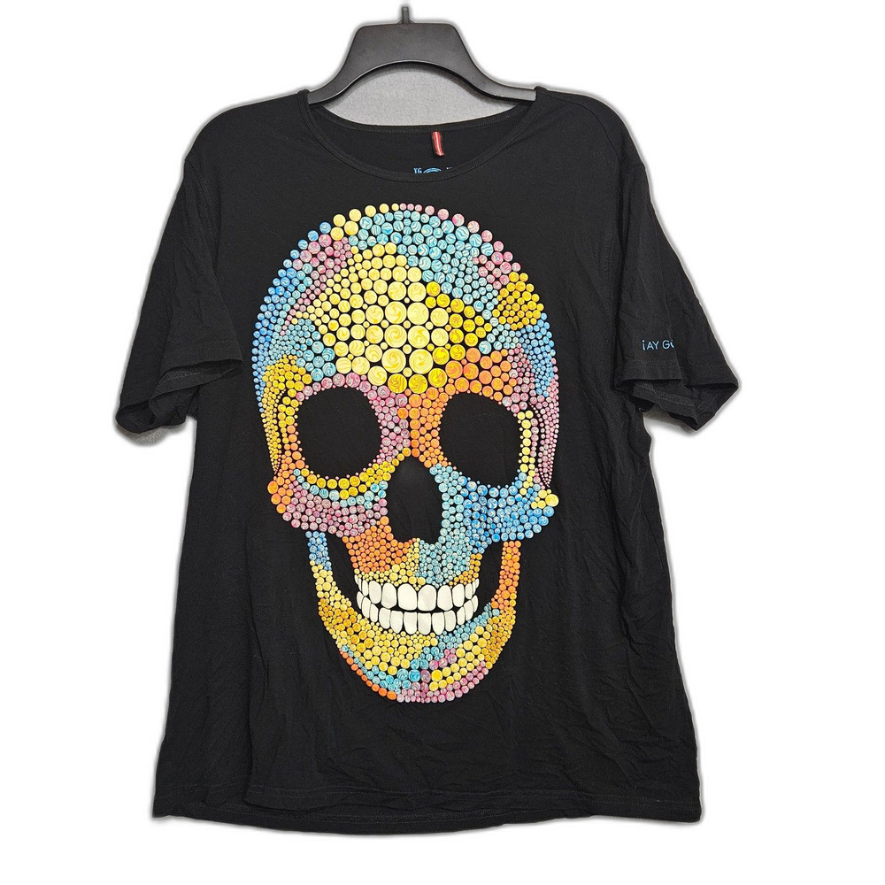 AY GUEY! Sugar Skull Puff Print Viscose T-Shirt XL Heavy Drape Mexican Designer